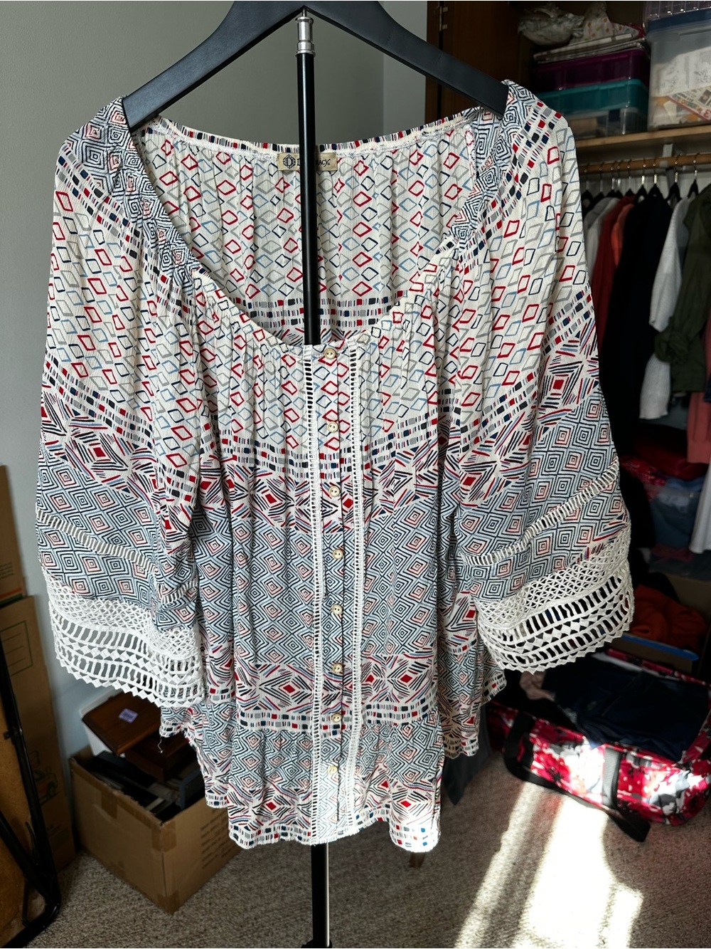 Democracy Boho Geometric Diamond Print Crochet Trim Bell Sleeve Top - 1X